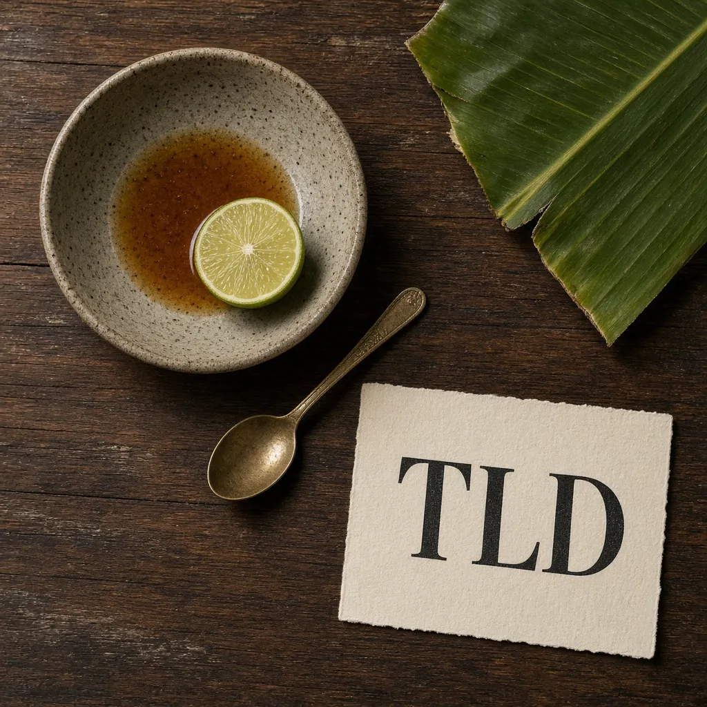Stoneware bowl, brass spoon and banana leaf. No waiter, no guest.